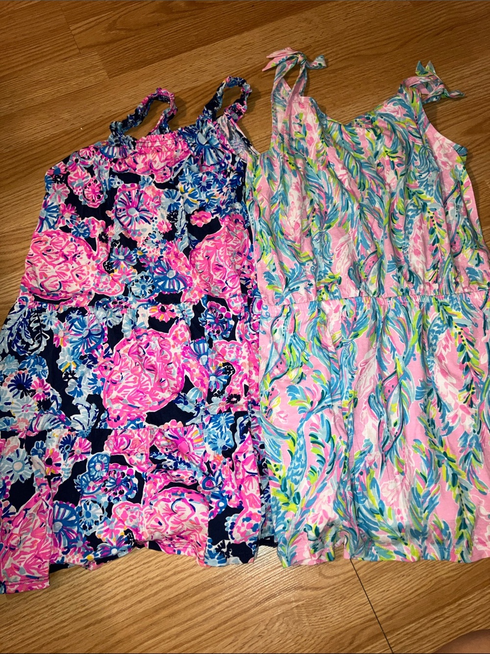 Kids Floral Tie-Shoulder Tank Dress - Pink & Blue